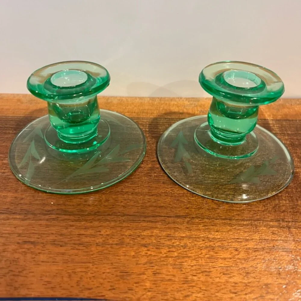 Pair Vintage Green Depression Uranium Glass Candle Stick Holder Etched Leaf Base